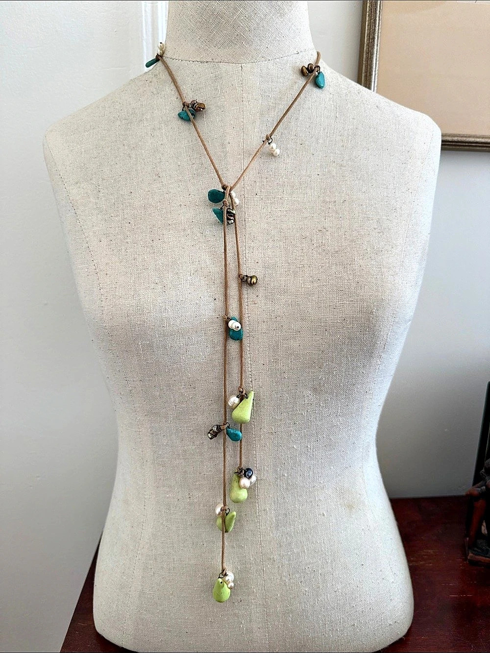 Beaded Pendant Leather Wraparound Necklace with Real Turquoise & Freshwater Pear